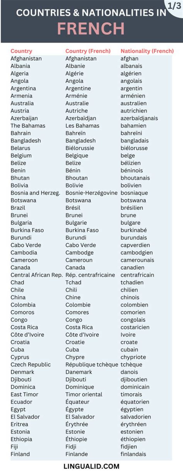 What countries are masculine and feminine in French?